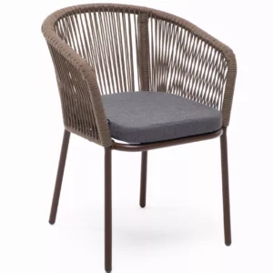 Стул-Марсель плетёный из роупа, алюминий коричневый, коричневый круглый, ткань темно-серая